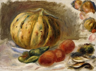 Stilleben med melon och tomater; Nature Morte au Melon et Tomates, c.1900 av Pierre Auguste Renoir