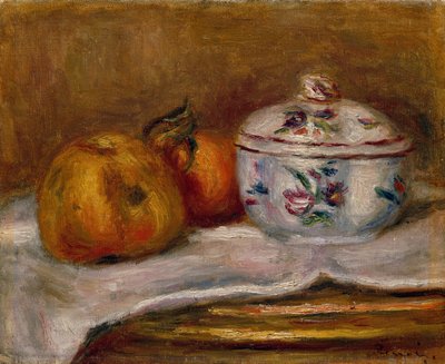 Sockerskål, äpple och apelsin (olja på duk) av Pierre-Auguste Renoir