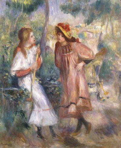 Två flickor i trädgården i Montmartre; Två flickor i Montmartres trädgård, 1895 av Pierre Auguste Renoir