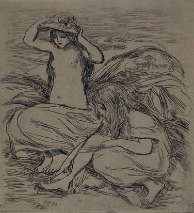 Two Women Bathing, ca 1895 (etsning på brunt vävt papper) av Pierre-Auguste Renoir