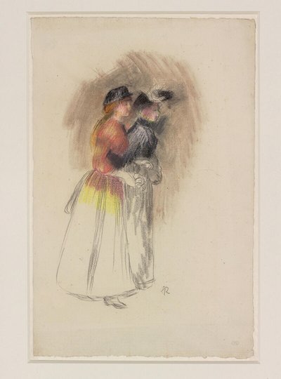 Två kvinnor som går till höger, ca 1890 (svart krita och pastell) av Pierre Auguste Renoir