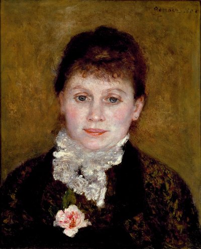 Kvinnan har en vit krage. Porträtt av en kvinna med en ros av Pierre Auguste Renoir