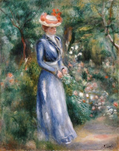 Kvinna i en blå klänning står i trädgården på Saint-Cloud av Pierre Auguste Renoir