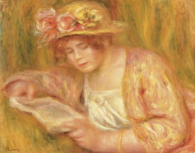 Kvinna med hatt som läser, ca 1917-18 (olja på duk) av Pierre Auguste Renoir