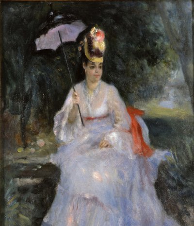 Kvinna med ett parasoll som sitter i en trädgård, 1872 av Pierre Auguste Renoir