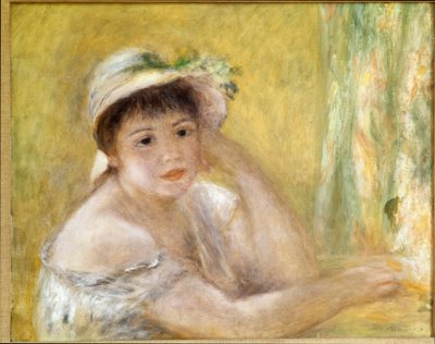 Kvinna med en stråhatt. Målning av Pierre Auguste Renoir (Pierre-Auguste av Pierre Auguste Renoir