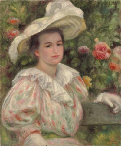 Ung flicka bland blommor eller kvinna med vit hatt; Ung flicka i guldblommor Kvinna i en vit hatt, c.1895 av Pierre Auguste Renoir