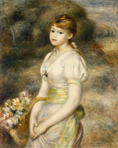 Ung flicka som bär en korg med blommor; Ung flicka som bär en korg med blommor, 1888 av Pierre Auguste Renoir