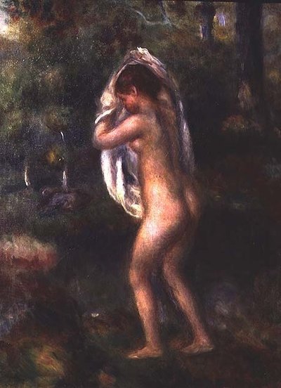 Ung flicka som klär av sig (olja på duk) av Pierre Auguste Renoir