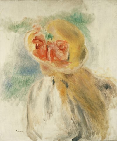 Ung flicka med blommor i hatten; Ung flicka i en blommig hatt, ca 1900-1905 av Pierre Auguste Renoir