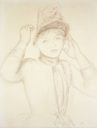 Ung kvinna som ordnar hennes hatt; Ung flicka som arrangerar sin hatt, c.1885 av Pierre Auguste Renoir