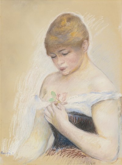 Ung Kvinna Som Håller En Blomma. Porträtt av skådespelerskan Jeanne Samary, ca. 1880 av Pierre Auguste Renoir