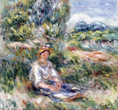 Ung kvinna sitter på en äng, av Pierre Auguste Renoir