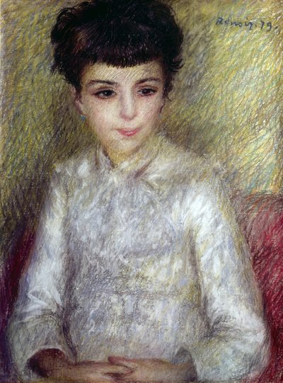 Ung brunett flicka sitter med händerna i kors av Pierre Auguste Renoir