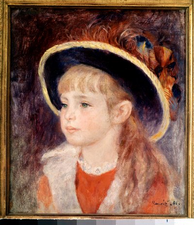 Ung flicka med en blå hatt: porträtt av Jeanne (Jane) Henriot (1878-1900), död brulee levande i elden i Comedie Francaise den 9 mars av Pierre Auguste Renoir
