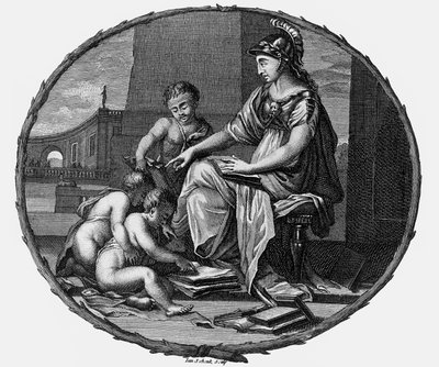 Kvinnlig allegori över förnuft och kreativitet omgiven av barn,1695-1697 (gravyr) av Pierre Bayle