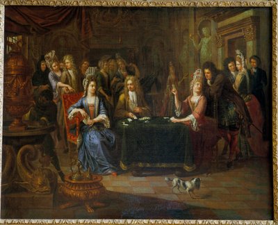 Nobles kortspelare som spelar kort i ett vardagsrum. Målning av Pierre Bergaigne (1652-1708) 1699 Arras, Musee Des Beaux Arts av Pierre Bergaigne