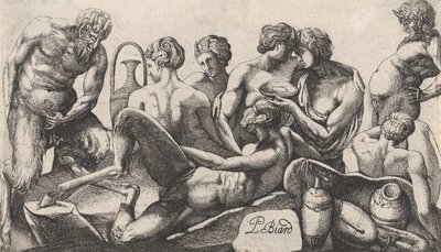 Åtta satyrer och satyrinnor som avslutar en måltid, 1607-61. av Pierre Biard