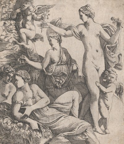 Venus, stående med de tre gracerna, erbjuds en blomma från en putto, 1607-61. av Pierre Biard