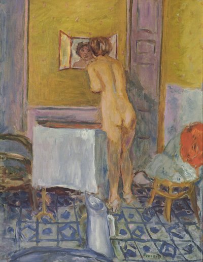 Naken med rött tyg (naken på hennes toalett) av Pierre Bonnard