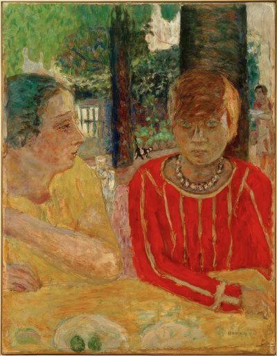 Drottning Natanson och Marthe Bonnard i rött livstycke av Pierre Bonnard