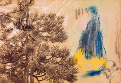 Studieblad: barrträd, flicka i huva, porträtt av en man av Pierre Bonnard