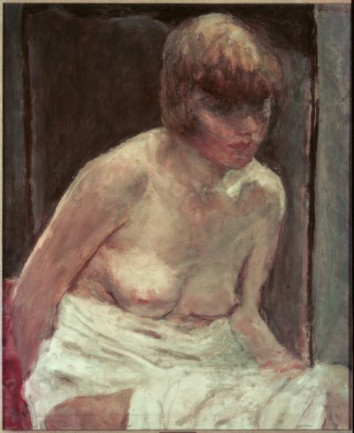 Ung kvinnas överkropp i vit badrock av Pierre Bonnard