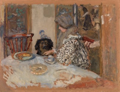 Kvinna med hund, eller Kvinna och hund vid bordet av Pierre Bonnard