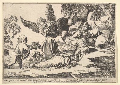 Änglar som ger frukt till den sovande heliga familjen, 1610-42. av Pierre Brebiette