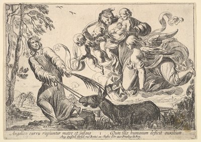 Änglar som lyfter jungfru och barn, 1610-42. av Pierre Brebiette