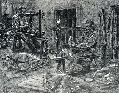 Hantverkare som köttar fårskinn Gravyr från "Excursion a travers les metiers" av Pierre Calmette Private Collection av Pierre Calmettes