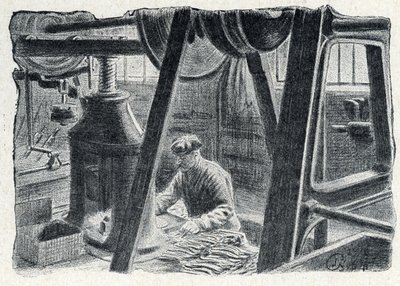 Bestickstämpling med kvarn Gravyr från "Excursion a travers les metiers" av Pierre Calmette Private Collection av Pierre Calmettes