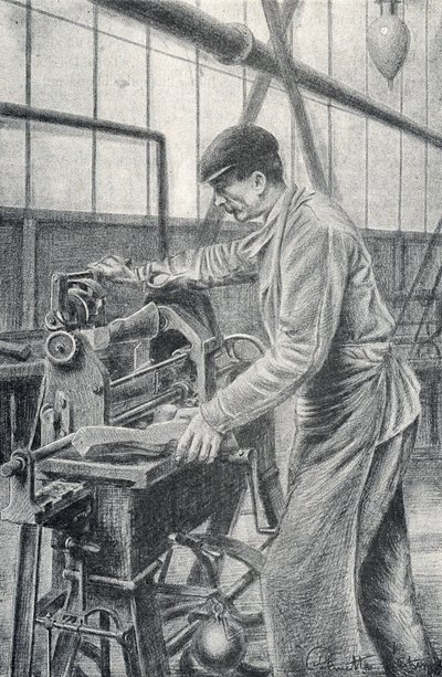 Skärning av gevärskolvar i en vapenfabrik Gravyr från Pierre Calmettes privata samling av Pierre Calmettes
