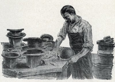 Hattmakare: överbryggning av kanterna på en bowlerhatt (gör en bowlerhatt) Gravyr från "Excursion through the trades" av Pierre Calmette Private Collection av Pierre Calmettes