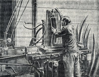 Elfenbenshantverkare som skär elefantbetar Gravyr från "Excursion a travers les metiers" av Pierre Calmette Private Collection av Pierre Calmettes