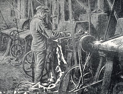 Läderindustri: mekanisk klippning av pälsar Gravyr från "Excursion a travers les metiers" av Pierre Calmette Privat samling av Pierre Calmettes