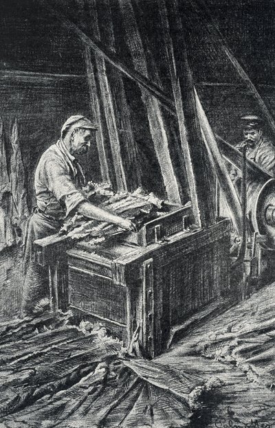 Peausserie, le corroyage: läderarbete, uppmjukning av djurskinn i en fylligare Gravyr från Pierre Calmette Collection privee av Pierre Calmettes