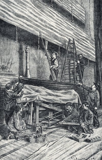 Fastighetsmästare: sätta upp scenografier före föreställningen Gravyr från "Excursion a travers les metiers" av Pierre Calmette Private Collection av Pierre Calmettes