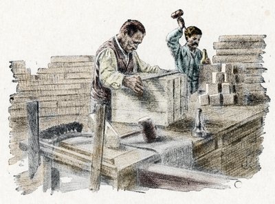 Savonnerie: skärning av tvålbröd (tillverkning av tvål) Gravyr från "Excursion through the trades" av Pierre Calmette Privat samling av Pierre Calmettes