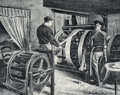 Sidenarbete: utrullningen av sidengravyren från "Excursion a travers les metiers" av Pierre Calmettes privatsamling av Pierre Calmettes