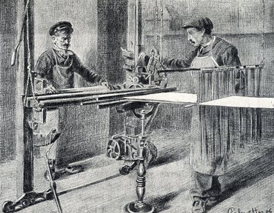 Sidenverkstad: förberedelse av kedjan vid mappen (Sidenarbete) Gravyr från "Excursion through the metiers" av Pierre Calmette Private Collection av Pierre Calmettes