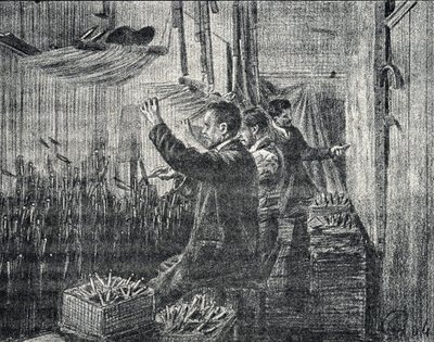 Gobeläng av Aubusson: tapetserarna arbetar upp och ner Gravyr från "Excursion a travers les metiers" av Pierre Calmette Collection privee av Pierre Calmettes