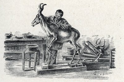 Taxidermi: En taxidermist stoppade hartebeest i sin verkstad Gravering från Excursion a travers les metiers” av Pierre Calmette Collection privee av Pierre Calmettes