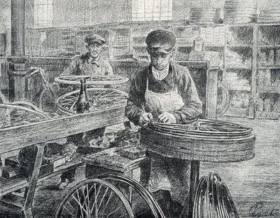 Arbetare som fäster ekrarna på fälgarna på en cykel under dess tillverkning (tillverkning av cyklar) Gravyr från Pierre Calmettes privata samling av Pierre Calmettes