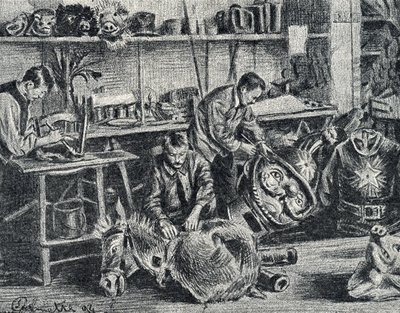 Workshop av teater och visar tillbehör produktion Gravering från Pierre Calmette Private Collection av Pierre Calmettes