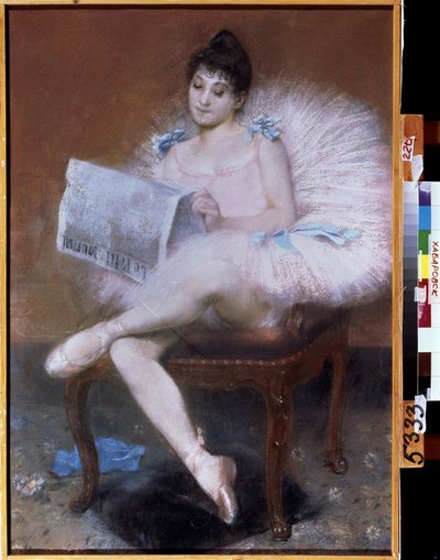 Sitzende Balletttänzerin. Ballerina im Tutu liest "die kleine Zeitung" von Pierre Carrier-Belleuse