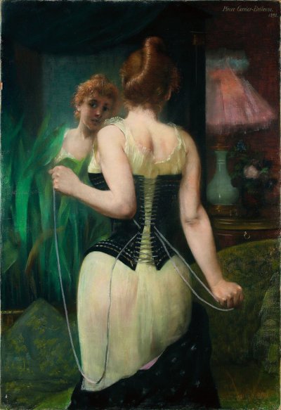 Ung kvinna justerar sin korsett, 1893 av Pierre Carriere-Belleuse
