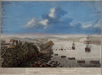 En vy av landningsplatsen ovanför staden Quebec som beskriver attacken...på Hauteurs DE Abraham 13 september 1759, ca 1760 av Pierre Charles Canot