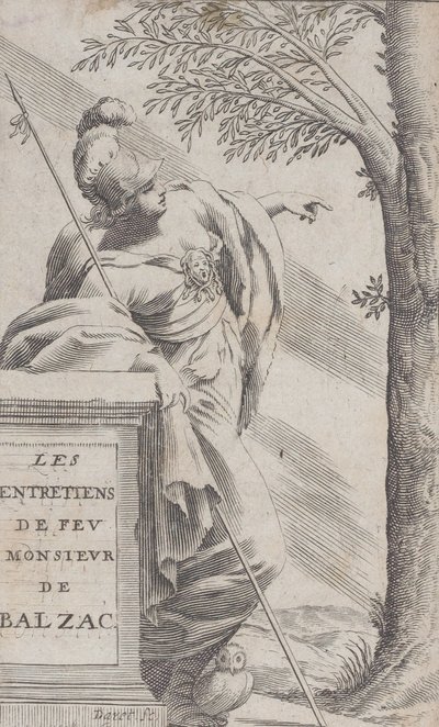 Frontispice, från Intervjuer med den sene herr Balzac Les Entretiens de Feu Monsieur d..., 1660. av Pierre Daret