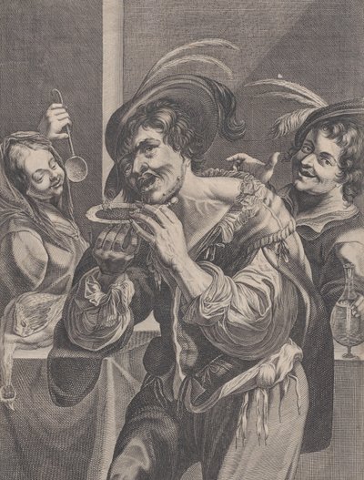 Man dricker soppa medan två personer tittar på honom, 1624-75. av Pierre Daret